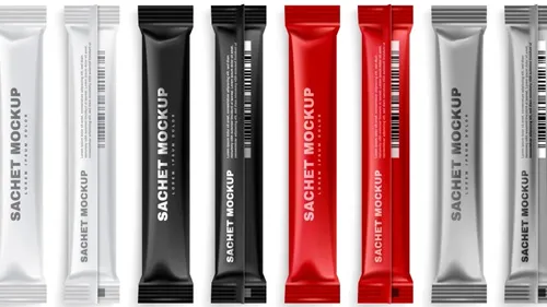 Granule food packaging samples such as sugar, coffee, and spice sachets packed by VFFS machine