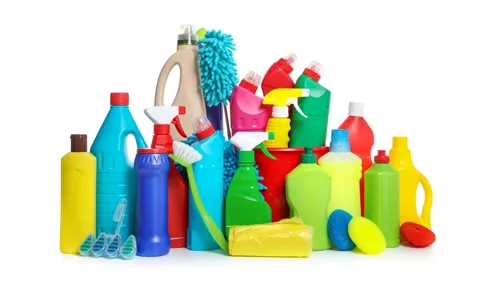 Household cleaning agents such as laundry detergent, bleach, and dish soap packaged in anti-corrosive bottles