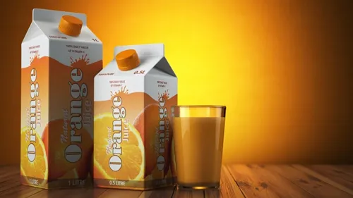 Liquid beverage packaging samples including water, juice, and milk bottles filled by automatic bottling line